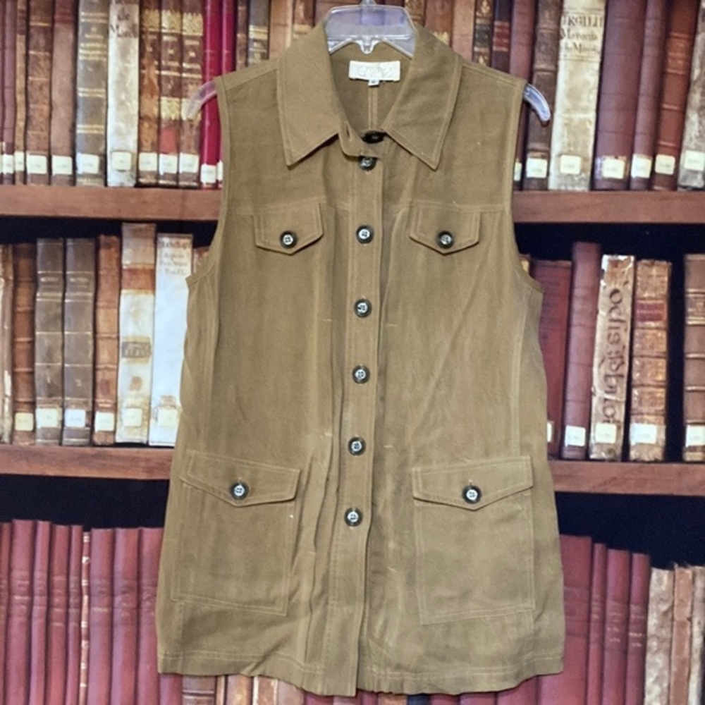 Vintage 90s Cache Brown Utility Shirt Dress Size S Sleeveless Safari Pockets